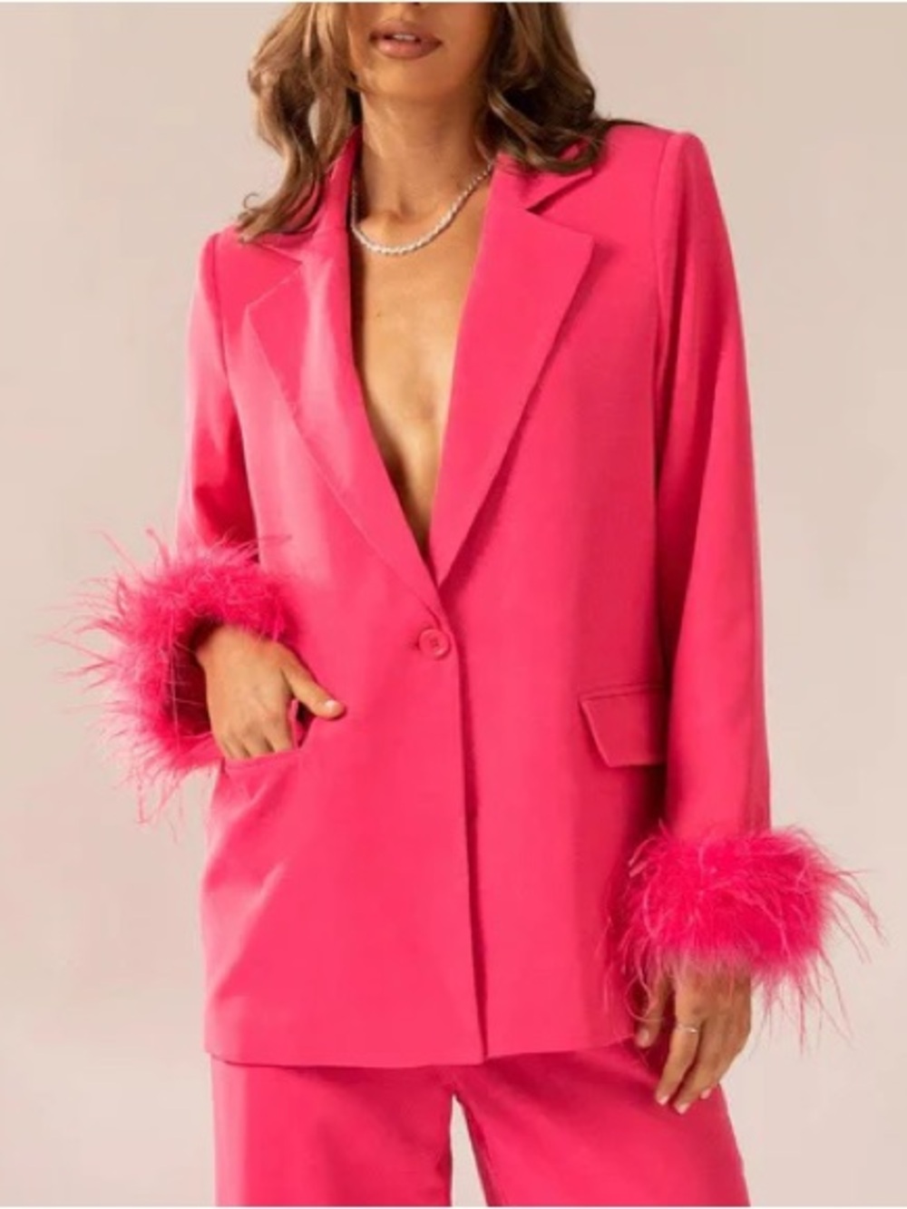 Hot Pink Feather-Cuff Blazer - Women Jackets & Coats